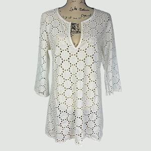 Jordan Taylor Tunic Women Size Large White Circular Eyelets Coastal Cover Up Top